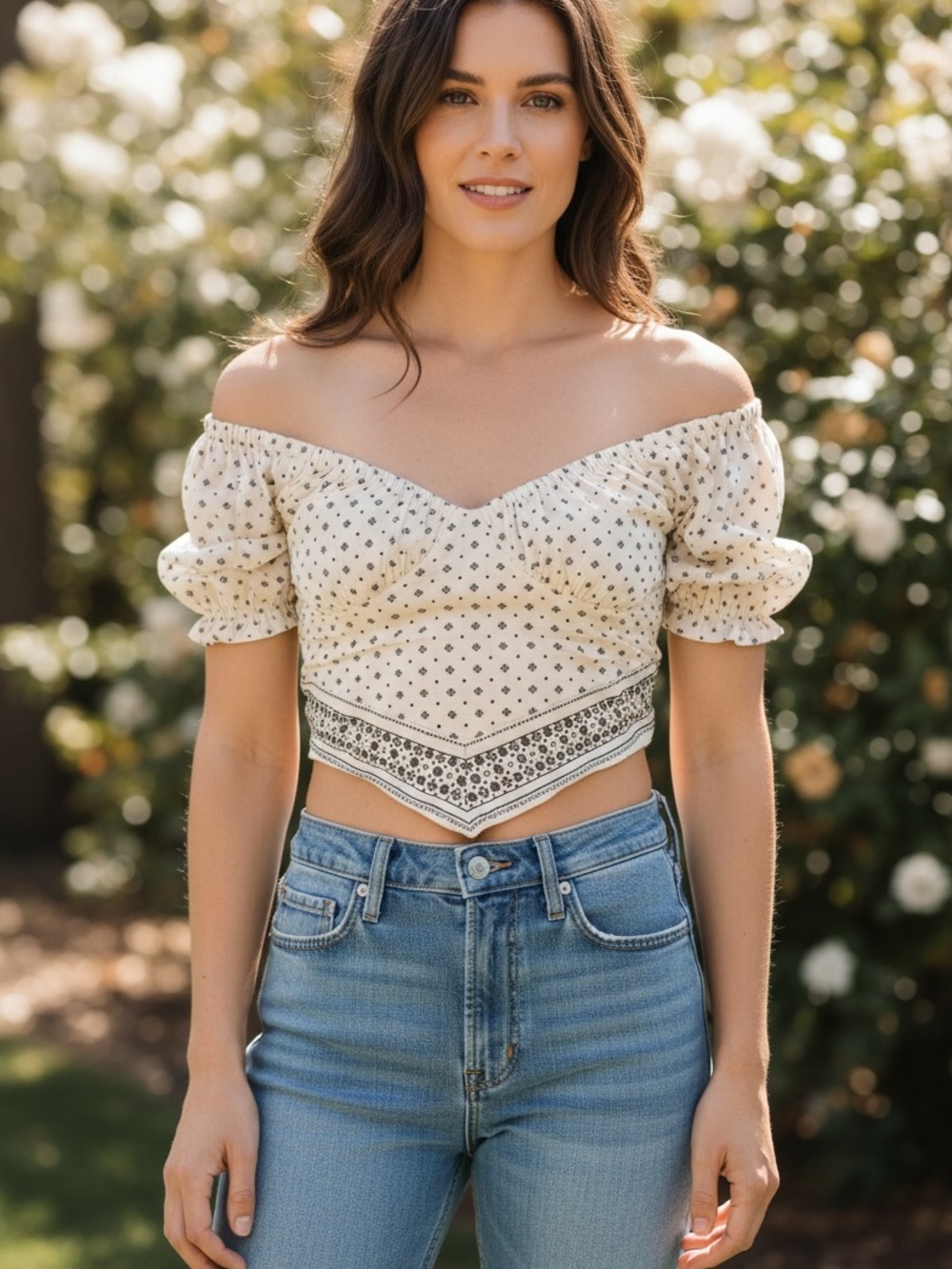 Japna Cream Off-Shoulder Bandana Crop Top